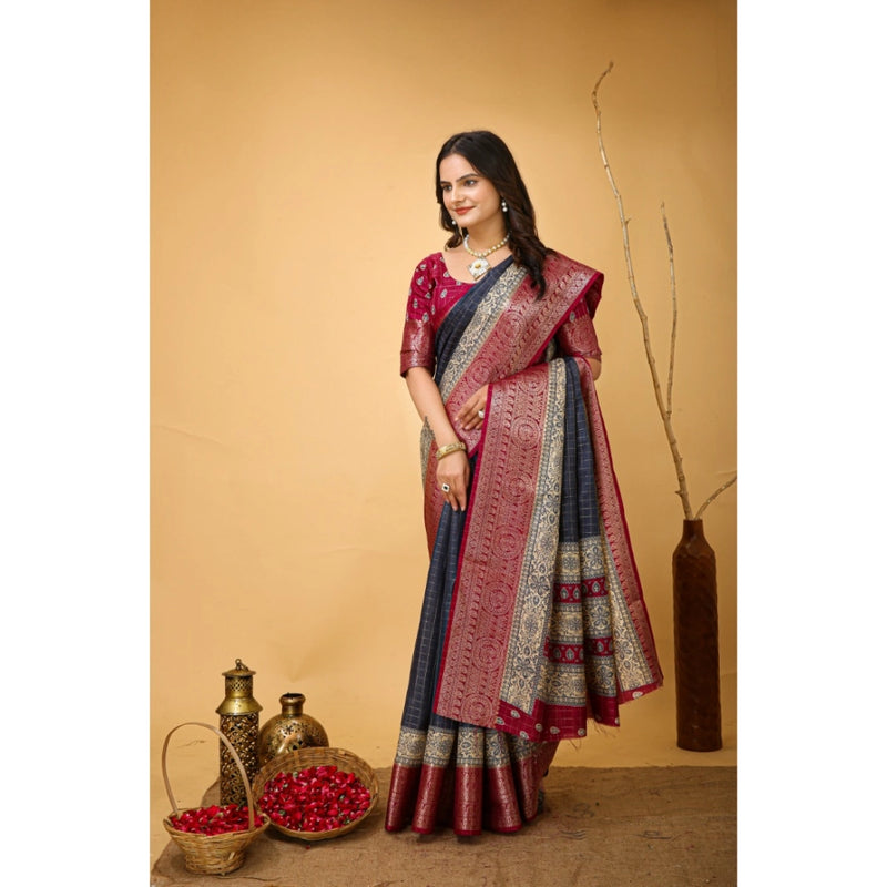 Mayawye Women's Soft Dola Cotton Kalamkari Printed Saree With Unstitched Blouse 5.5Mtr (Grey)
