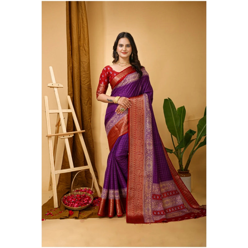 Mayawye Women's Soft Dola Cotton Kalamkari Printed Saree With Unstitched Blouse 5.5Mtr (Purple)