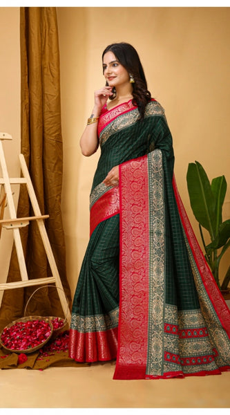 Mayawye Women's Soft Dola Cotton Kalamkari Printed Saree With Unstitched Blouse 5.5Mtr (B.Green)