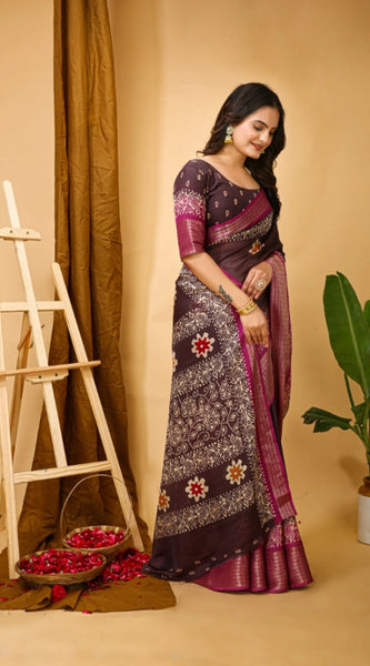 Mayawye Women's Soft Blooming Marshmallow Fabric Kalamkari Printed Saree With Unstitched Blouse 5.5Mtr (Maroon)