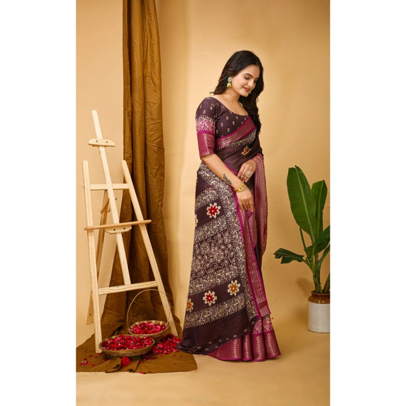 Mayawye Women's Soft Blooming Marshmallow Fabric Kalamkari Printed Saree With Unstitched Blouse 5.5Mtr (Maroon)