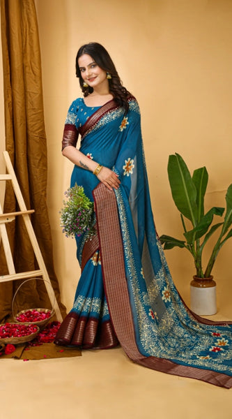 Mayawye Women's Soft Blooming Marshmallow Fabric Kalamkari Printed Saree With Unstitched Blouse 5.5Mtr (Blue)