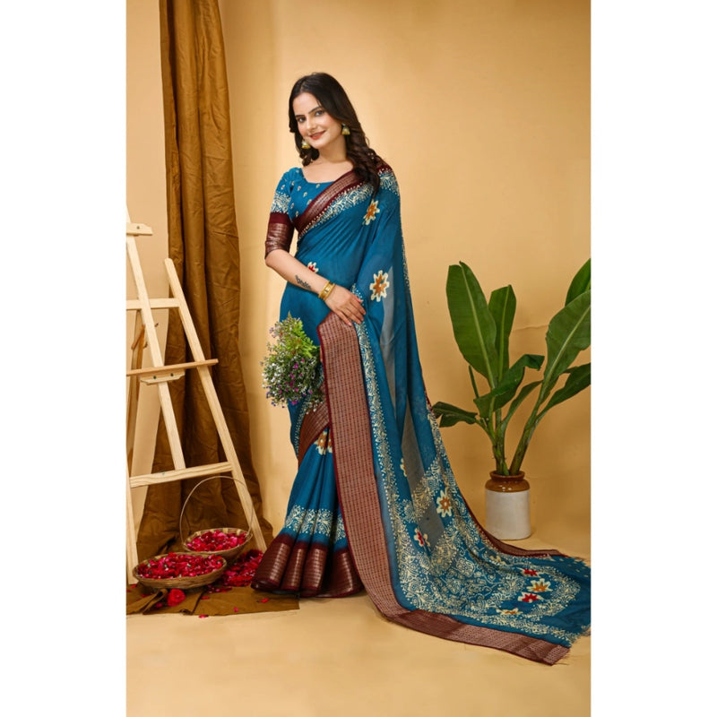 Mayawye Women's Soft Blooming Marshmallow Fabric Kalamkari Printed Saree With Unstitched Blouse 5.5Mtr (Blue)