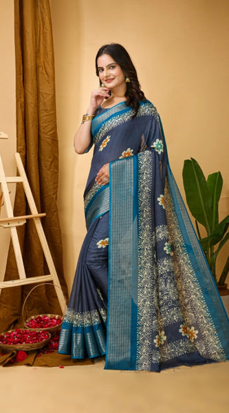 Mayawye Women's Soft Blooming Marshmallow Fabric Kalamkari Printed Saree With Unstitched Blouse 5.5Mtr (Grey)