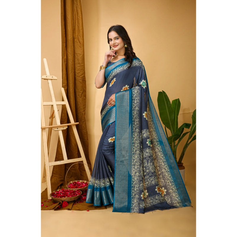 Mayawye Women's Soft Blooming Marshmallow Fabric Kalamkari Printed Saree With Unstitched Blouse 5.5Mtr (Grey)