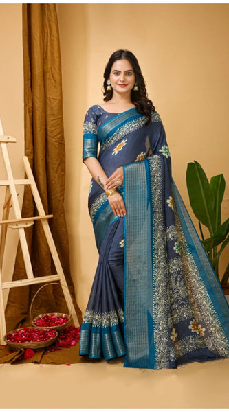 Mayawye Women's Soft Blooming Marshmallow Fabric Kalamkari Printed Saree With Unstitched Blouse 5.5Mtr (Grey)