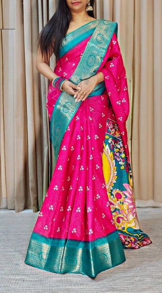 Mayawye Women's Soft Dola Cotton Kalamkari Printed Saree With Unstitched Blouse 5.5Mtr (Pink)