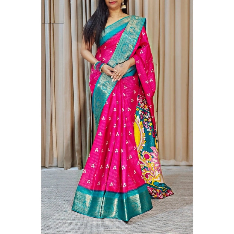 Mayawye Women's Soft Dola Cotton Kalamkari Printed Saree With Unstitched Blouse 5.5Mtr (Pink)