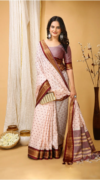 Mayawye Women's Soft Cotton Silk Printed Saree With Unstitched Blouse 5.5Mtr (Maroon)