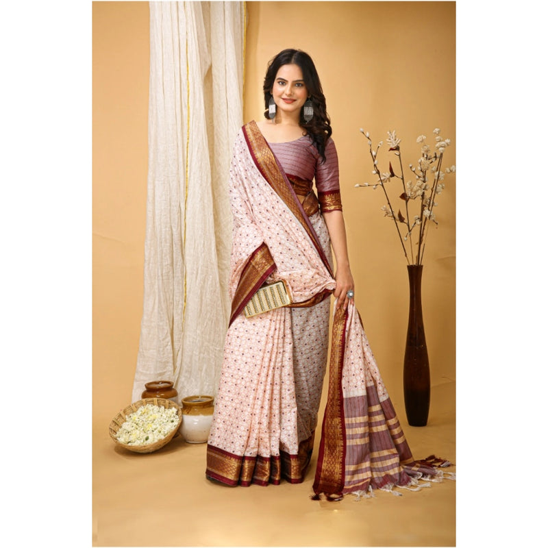 Mayawye Women's Soft Cotton Silk Printed Saree With Unstitched Blouse 5.5Mtr (Maroon)