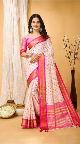 Mayawye Women's Soft Cotton Silk Printed Saree With Unstitched Blouse 5.5Mtr (Pink)