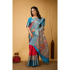 Mayawye Women's Soft Dola Cotton Kalamkari Printed Saree With Unstitched Blouse 5.5Mtr (Pink)