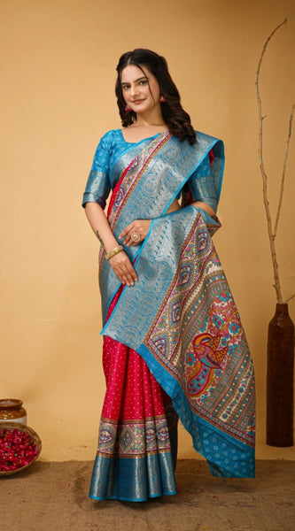 Mayawye Women's Soft Dola Cotton Kalamkari Printed Saree With Unstitched Blouse 5.5Mtr (Pink)