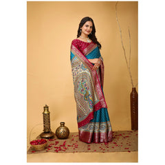 Mayawye Women's Soft Dola Cotton Kalamkari Printed Saree With Unstitched Blouse 5.5Mtr (Sky Blue)