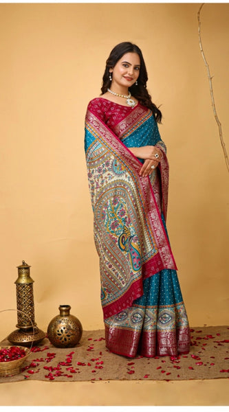 Mayawye Women's Soft Dola Cotton Kalamkari Printed Saree With Unstitched Blouse 5.5Mtr (Sky Blue)