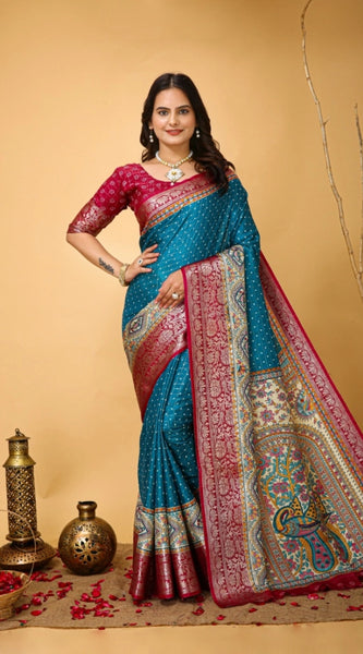 Mayawye Women's Soft Dola Cotton Kalamkari Printed Saree With Unstitched Blouse 5.5Mtr (Sky Blue)
