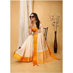 Mayawye Women's Soft Cotton Silk Printed Saree With Unstitched Blouse 5.5Mtr (Yellow)