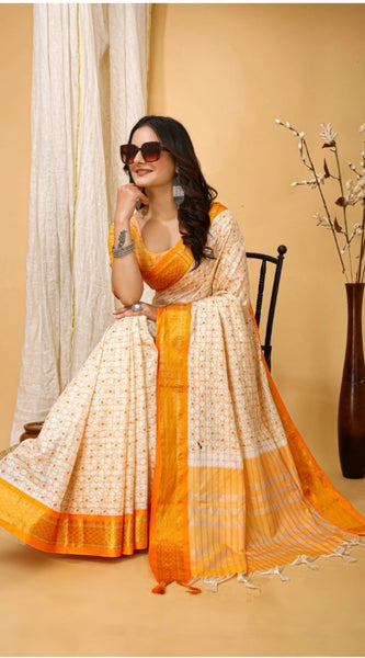 Mayawye Women's Soft Cotton Silk Printed Saree With Unstitched Blouse 5.5Mtr (Yellow)