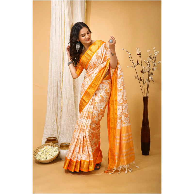 Mayawye Women's Soft Cotton Silk Printed Saree With Unstitched Blouse 5.5Mtr (Yellow)