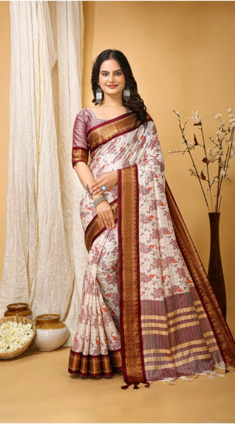 Mayawye Women's Soft Cotton Silk Printed Saree With Unstitched Blouse 5.5Mtr (Maroon)