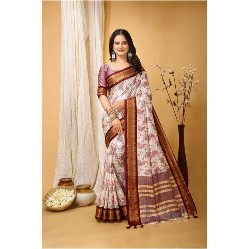 Mayawye Women's Soft Cotton Silk Printed Saree With Unstitched Blouse 5.5Mtr (Maroon)