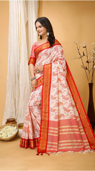 Mayawye Women's Soft Cotton Silk Printed Saree With Unstitched Blouse 5.5Mtr (Red)