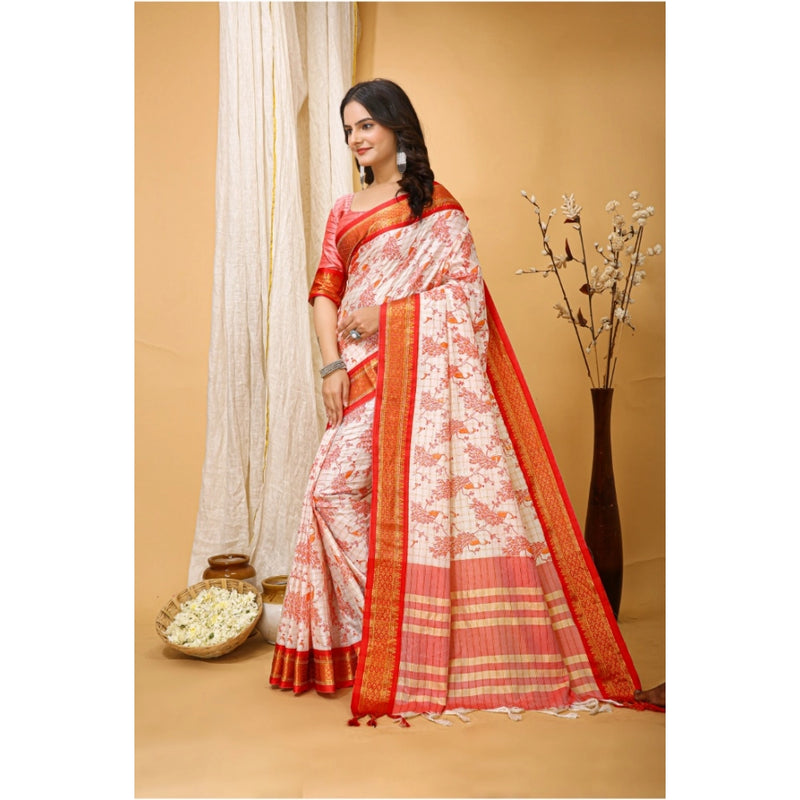 Mayawye Women's Soft Cotton Silk Printed Saree With Unstitched Blouse 5.5Mtr (Red)