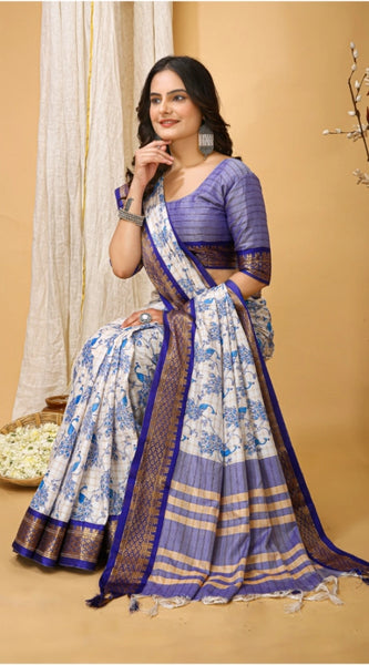 Mayawye Women's Soft Cotton Silk Printed Saree With Unstitched Blouse 5.5Mtr (Purple)