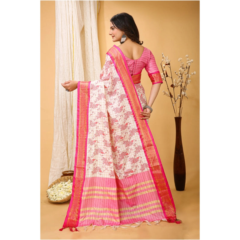 Mayawye Women's Soft Cotton Silk Printed Saree With Unstitched Blouse 5.5Mtr (Pink)