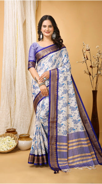 Mayawye Women's Soft Cotton Silk Printed Saree With Unstitched Blouse 5.5Mtr (Purple)