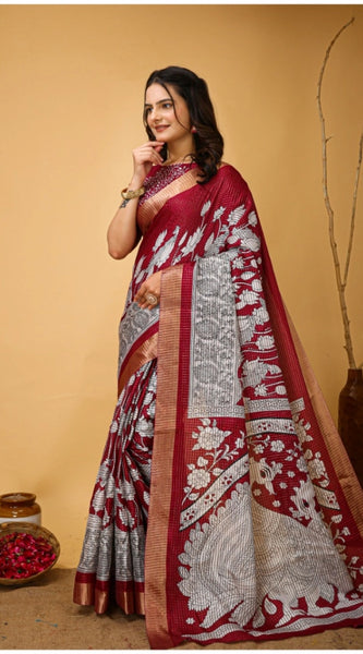 Mayawye Women's Soft Handloom Cotton Kalamkari Printed Saree With Unstitched Blouse 5.5Mtr (Maroon)