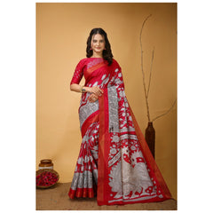 Mayawye Women's Soft Handloom Cotton Kalamkari Printed Saree With Unstitched Blouse 5.5Mtr (Pink)