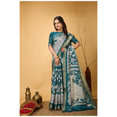 Mayawye Women's Soft Handloom Cotton Kalamkari Printed Saree With Unstitched Blouse 5.5Mtr (Turquoise)