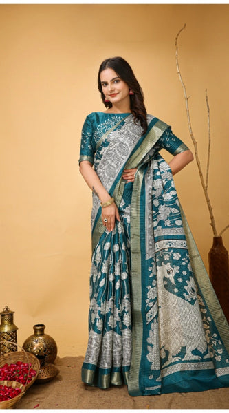 Mayawye Women's Soft Handloom Cotton Kalamkari Printed Saree With Unstitched Blouse 5.5Mtr (Turquoise)