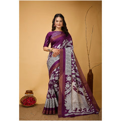 Mayawye Women's Soft Handloom Cotton Kalamkari Printed Saree With Unstitched Blouse 5.5Mtr (Purple)