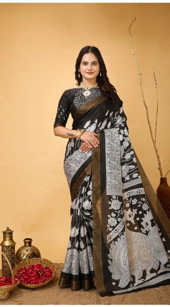 Mayawye Women's Soft Handloom Cotton Kalamkari Printed Saree With Unstitched Blouse 5.5Mtr (Black)