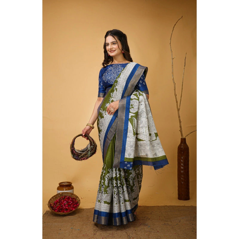 Mayawye Women's Soft Handloom Cotton Kalamkari Printed Saree With Unstitched Blouse 5.5Mtr (Mehendi)