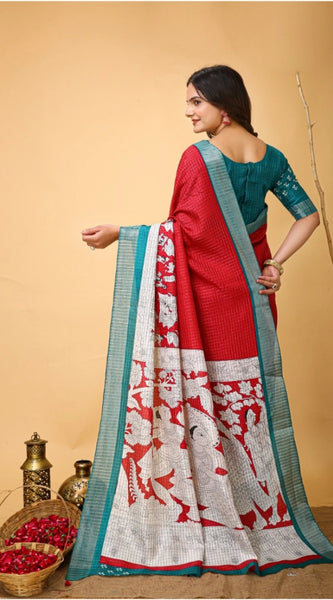 Mayawye Women's Soft Handloom Cotton Kalamkari Printed Saree With Unstitched Blouse 5.5Mtr (Red)