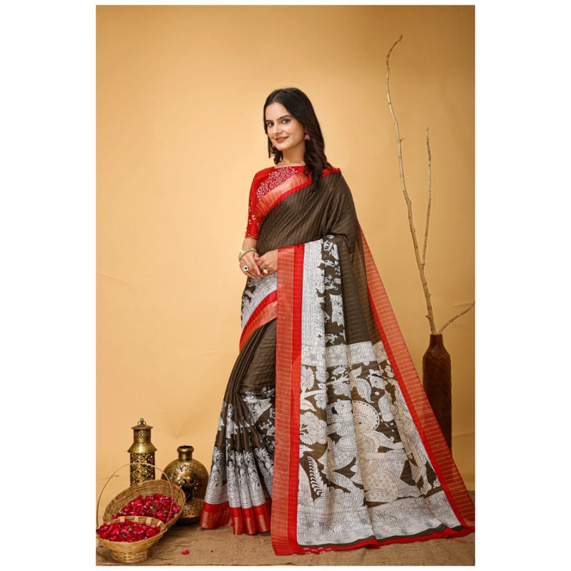 Mayawye Women's Soft Handloom Cotton Kalamkari Printed Saree With Unstitched Blouse 5.5Mtr (Brown)