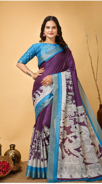 Mayawye Women's Soft Handloom Cotton Kalamkari Printed Saree With Unstitched Blouse 5.5Mtr (Purple)