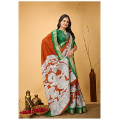 Mayawye Women's Soft Handloom Cotton Kalamkari Printed Saree With Unstitched Blouse 5.5Mtr (Orange)
