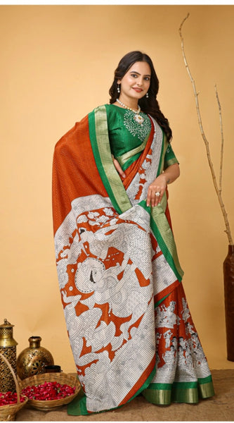 Mayawye Women's Soft Handloom Cotton Kalamkari Printed Saree With Unstitched Blouse 5.5Mtr (Orange)
