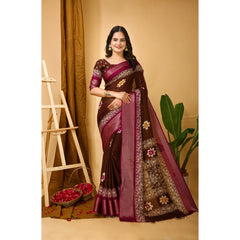 Mayawye Women's Soft Blooming Marshmallow Fabric Kalamkari Printed Saree With Unstitched Blouse 5.5Mtr (Maroon)