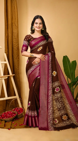 Mayawye Women's Soft Blooming Marshmallow Fabric Kalamkari Printed Saree With Unstitched Blouse 5.5Mtr (Maroon)