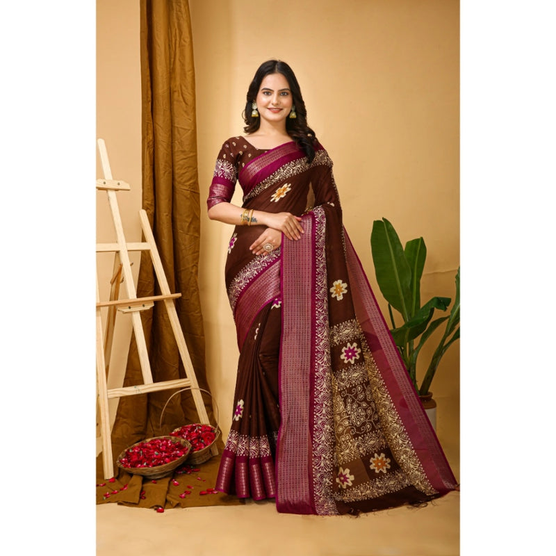 Mayawye Women's Soft Blooming Marshmallow Fabric Kalamkari Printed Saree With Unstitched Blouse 5.5Mtr (Maroon)