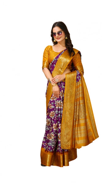Mayawye Women's Soft Dola Cotton Kalamkari Printed Saree With Unstitched Blouse 5.5Mtr (Purple)