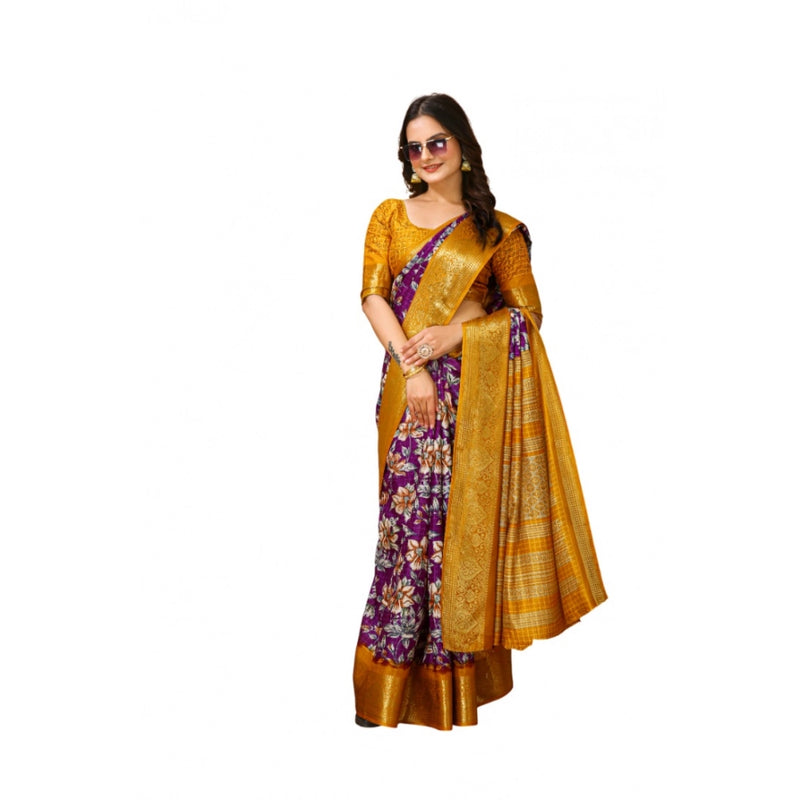 Mayawye Women's Soft Dola Cotton Kalamkari Printed Saree With Unstitched Blouse 5.5Mtr (Purple)