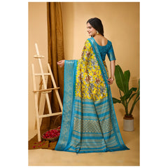 Mayawye Women's Soft Dola Cotton Kalamkari Printed Saree With Unstitched Blouse 5.5Mtr (Yellow)