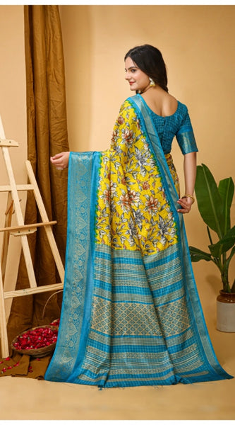 Mayawye Women's Soft Dola Cotton Kalamkari Printed Saree With Unstitched Blouse 5.5Mtr (Yellow)