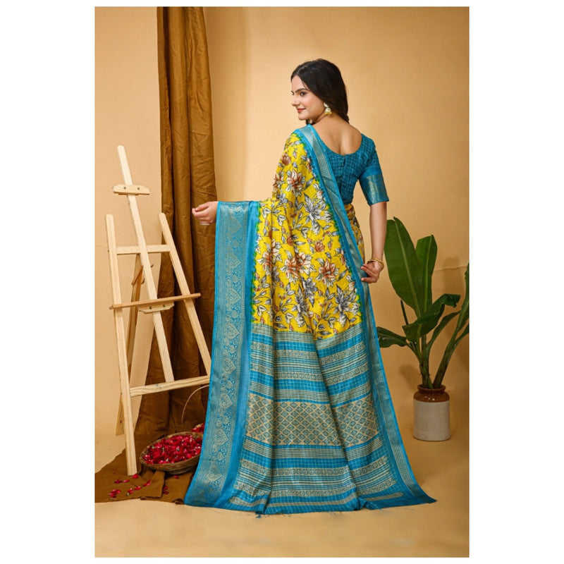 Mayawye Women's Soft Dola Cotton Kalamkari Printed Saree With Unstitched Blouse 5.5Mtr (Yellow)